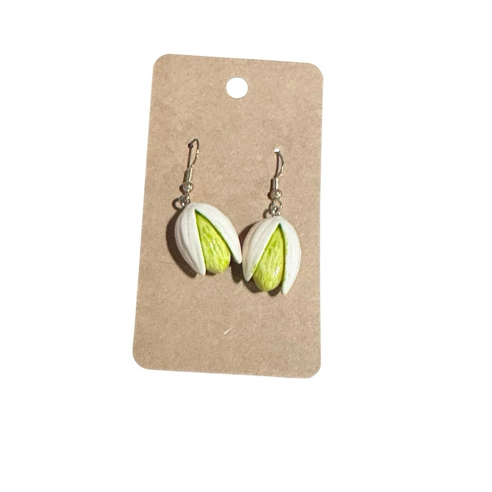 Handmade Snowdrop Flower Polymer Clay Drop Earrings White Green Botanical